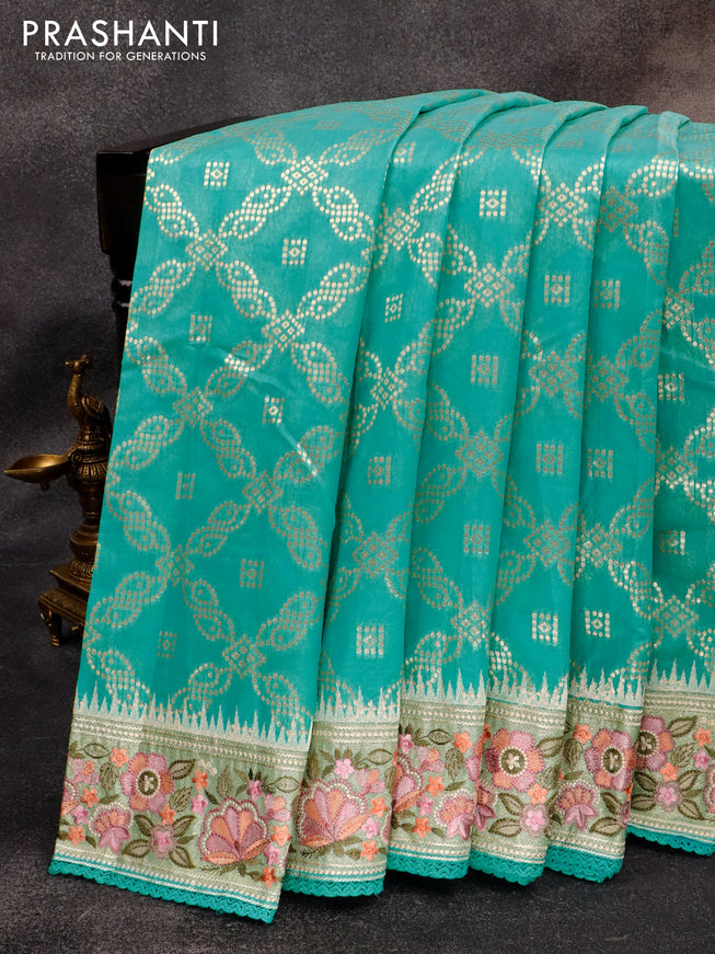 Banarasi cotton saree teal blue with allover zari weaves and zari woven floral embroidery work border