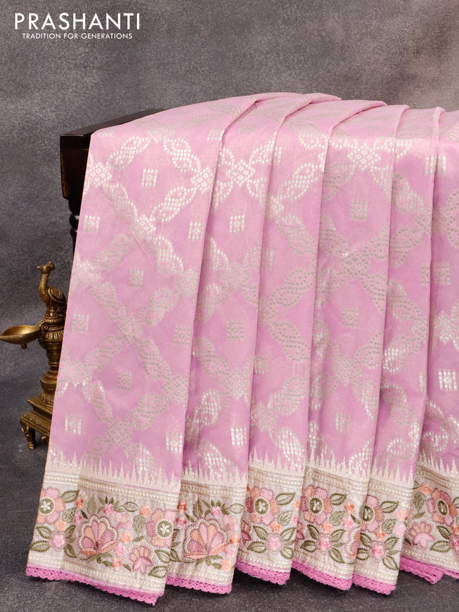 Banarasi cotton saree lavender with allover silver zari weaves and zari woven floral embroidery work border