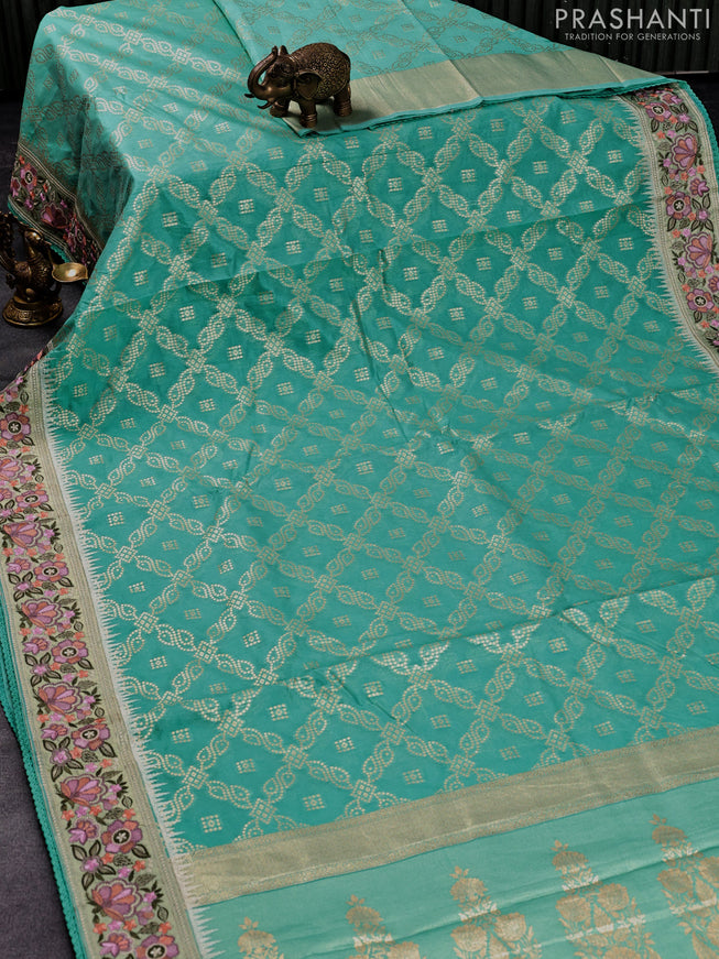 Banarasi cotton saree teal blue with allover zari weaves and zari woven floral embroidery work border