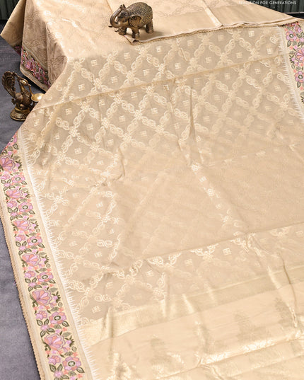 Banarasi cotton saree sandal with allover zari weaves and zari woven floral embroidery work border
