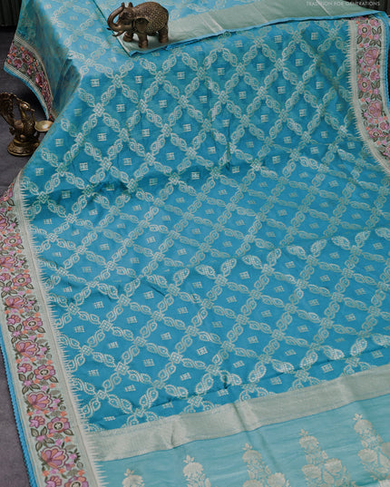 Banarasi cotton saree blue with allover zari weaves and zari woven floral embroidery work border