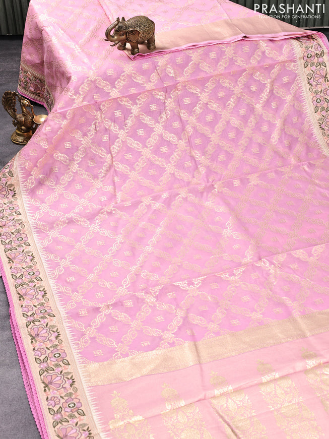 Banarasi cotton saree pink with allover zari weaves and zari woven floral embroidery work border