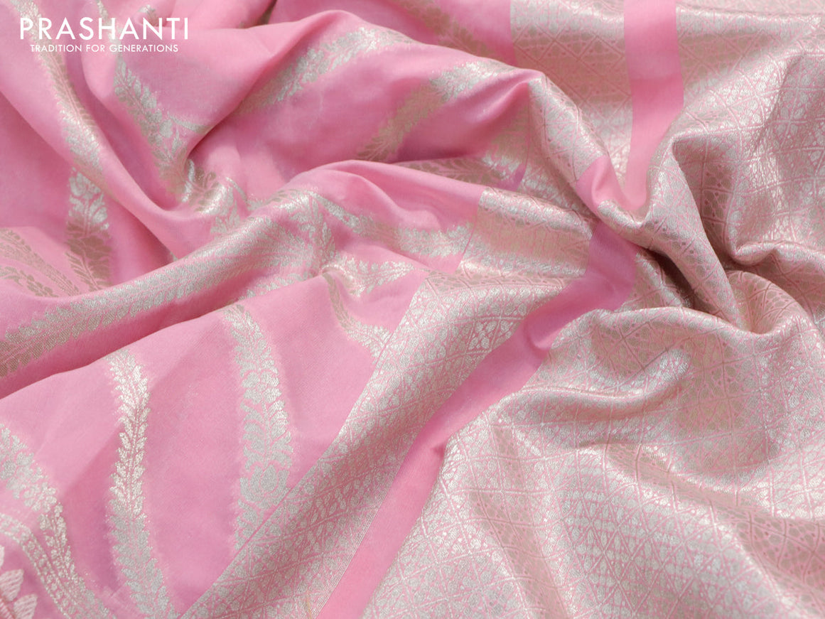Banarasi cotton saree light pink with allover silver zari weaves and floral embroidery work border