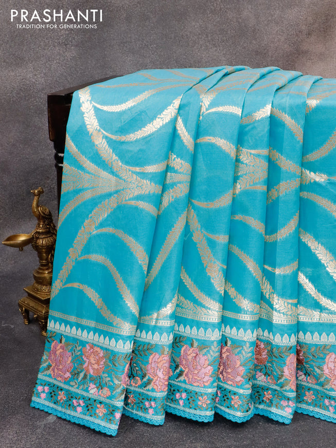 Banarasi cotton saree light blue with allover zari weaves and floral embroidery work border