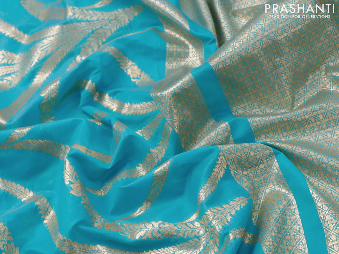 Banarasi cotton saree light blue with allover zari weaves and floral embroidery work border