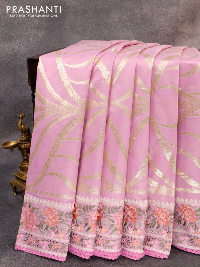 Banarasi cotton saree lavender with allover zari weaves and floral embroidery work border
