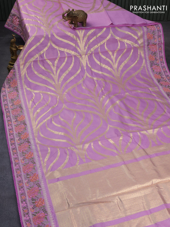 Banarasi cotton saree lavender with allover zari weaves and floral embroidery work border