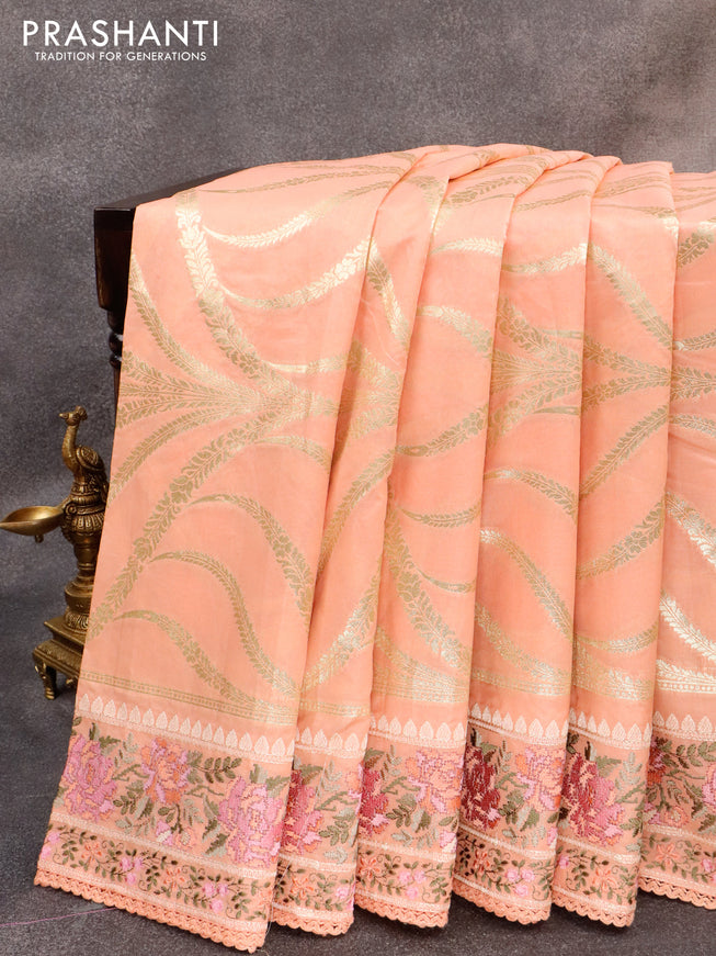 Banarasi cotton saree peach orange with allover zari weaves and floral embroidery work border