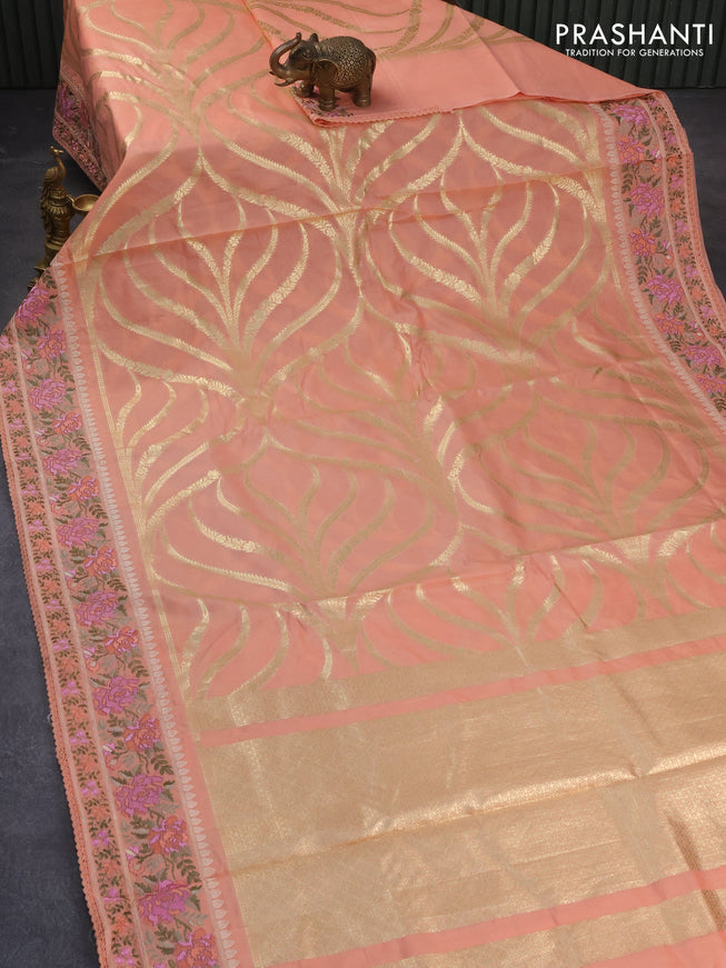 Banarasi cotton saree peach orange with allover zari weaves and floral embroidery work border