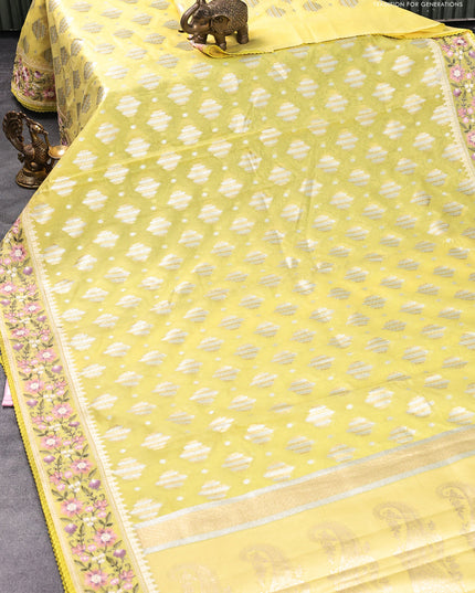 Banarasi cotton saree pale yellow with allover silver & gold zari woven buttas and floral embroidery work border
