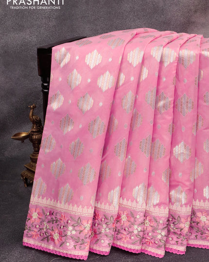 Banarasi cotton saree pink with allover silver & gold zari woven buttas and floral embroidery work border