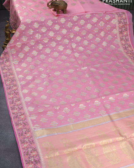 Banarasi cotton saree pink with allover silver & gold zari woven buttas and floral embroidery work border