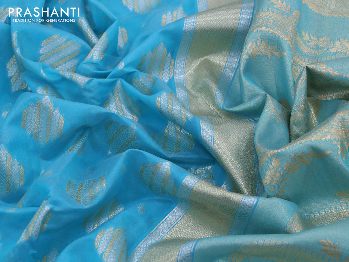 Banarasi cotton saree light blue with allover silver & gold zari woven buttas and floral embroidery work border