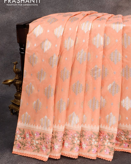 Banarasi cotton saree peach orange with allover silver & gold zari woven buttas and floral embroidery work border