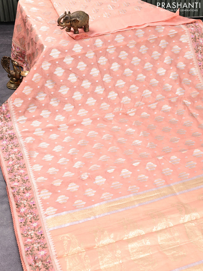 Banarasi cotton saree peach orange with allover silver & gold zari woven buttas and floral embroidery work border