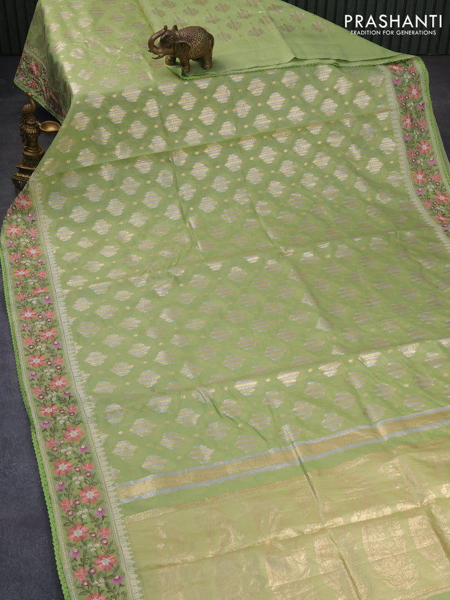 Banarasi cotton saree pista green with allover silver & gold zari woven buttas and floral embroidery work border