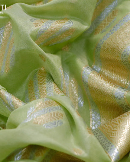 Banarasi cotton saree pista green with allover silver & gold zari woven buttas and floral embroidery work border