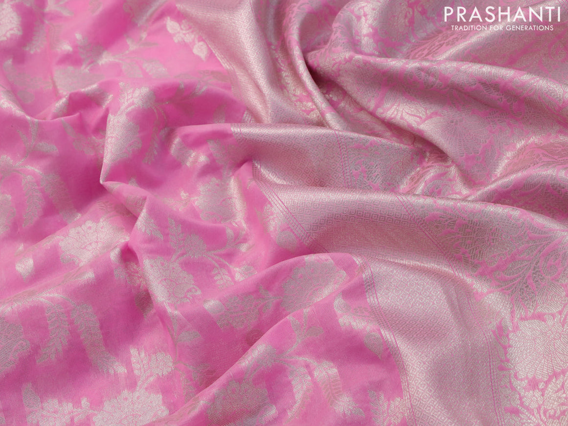 Banarasi cotton saree light pink with allover silver zari floral weaves and zari woven embroidery work border