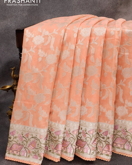 Banarasi cotton saree peach orange with allover silver zari floral weaves and zari woven embroidery work border