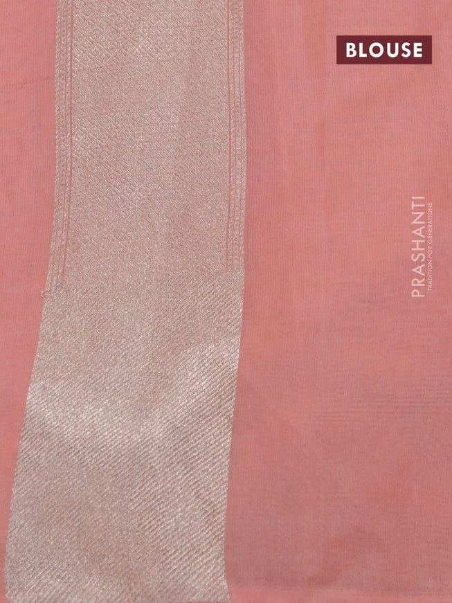Banarasi cotton saree peach orange with allover silver zari floral weaves and zari woven embroidery work border