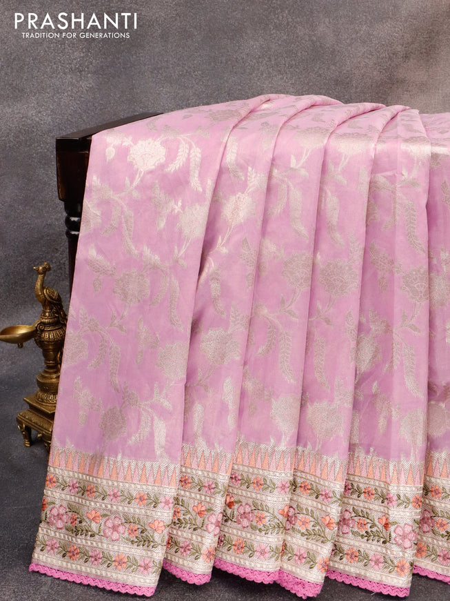 Banarasi cotton saree lavender with allover zari floral weaves and zari woven embroidery work border