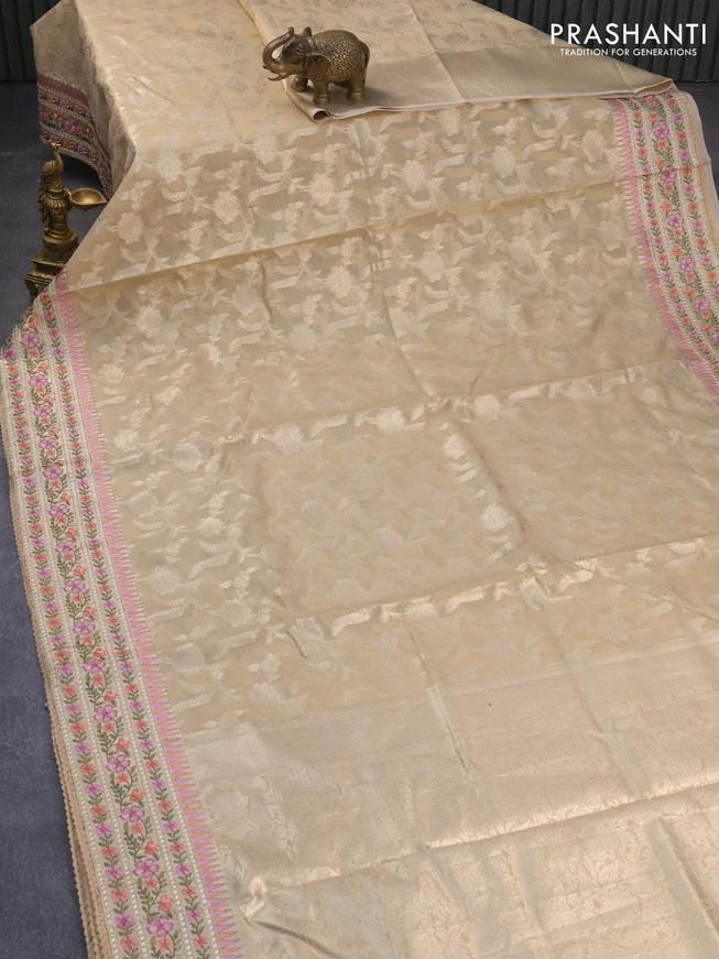 Banarasi cotton saree sandal with allover zari floral weaves and zari woven embroidery work border