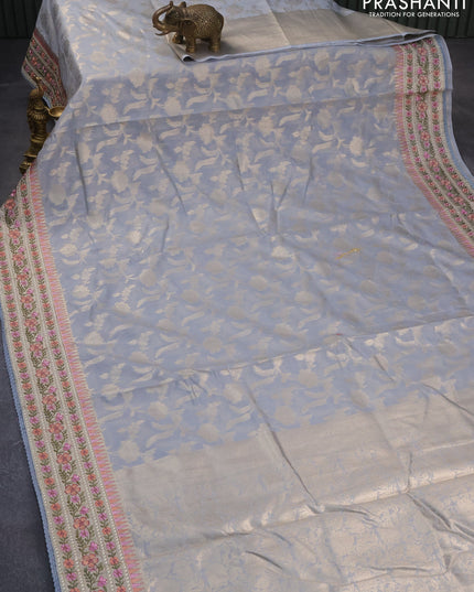 Banarasi cotton saree grey with allover zari floral weaves and zari woven embroidery work border