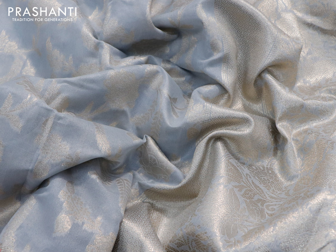 Banarasi cotton saree grey with allover zari floral weaves and zari woven embroidery work border