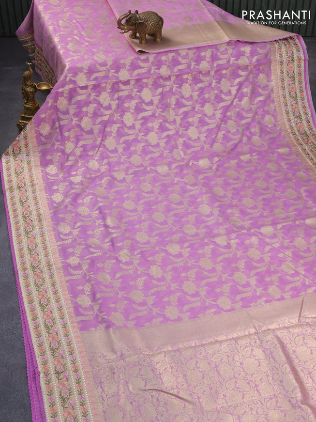 Banarasi cotton saree lavender with allover zari floral weaves and zari woven embroidery work border