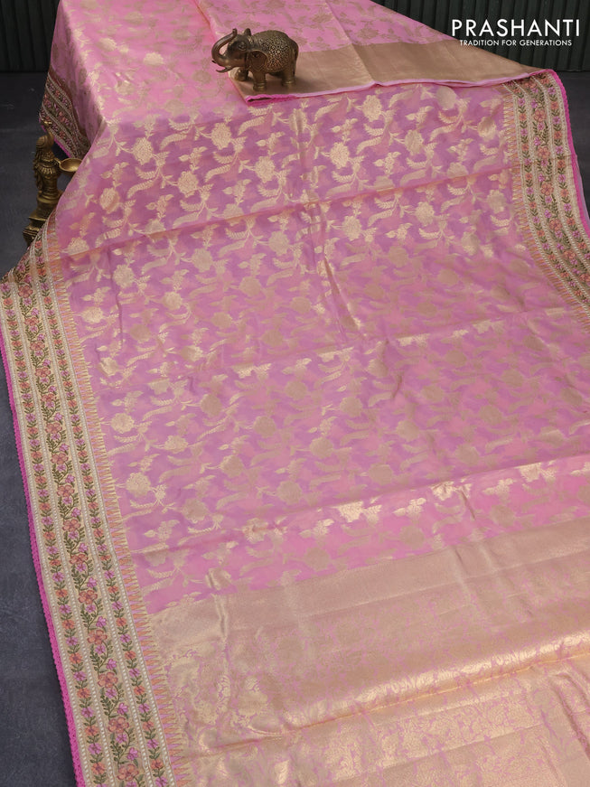 Banarasi cotton saree light pink with allover silver zari floral weaves and zari woven embroidery work border