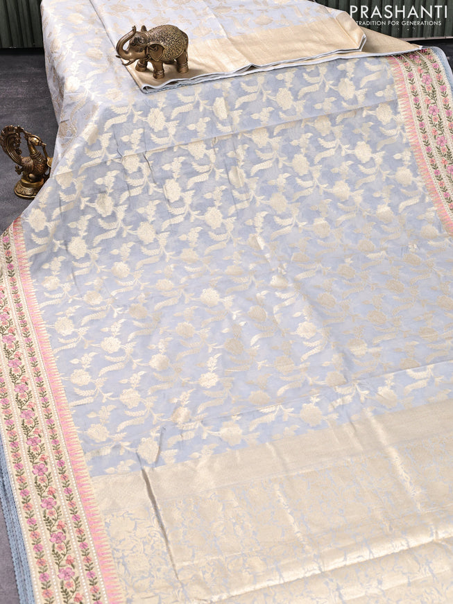 Banarasi cotton saree grey with allover silver zari floral weaves and zari woven embroidery work border