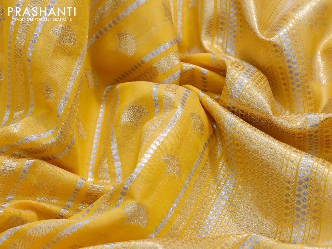 Banarasi cotton saree mango yellow with allover silver & gold zari butta weaves and floral embroidery border