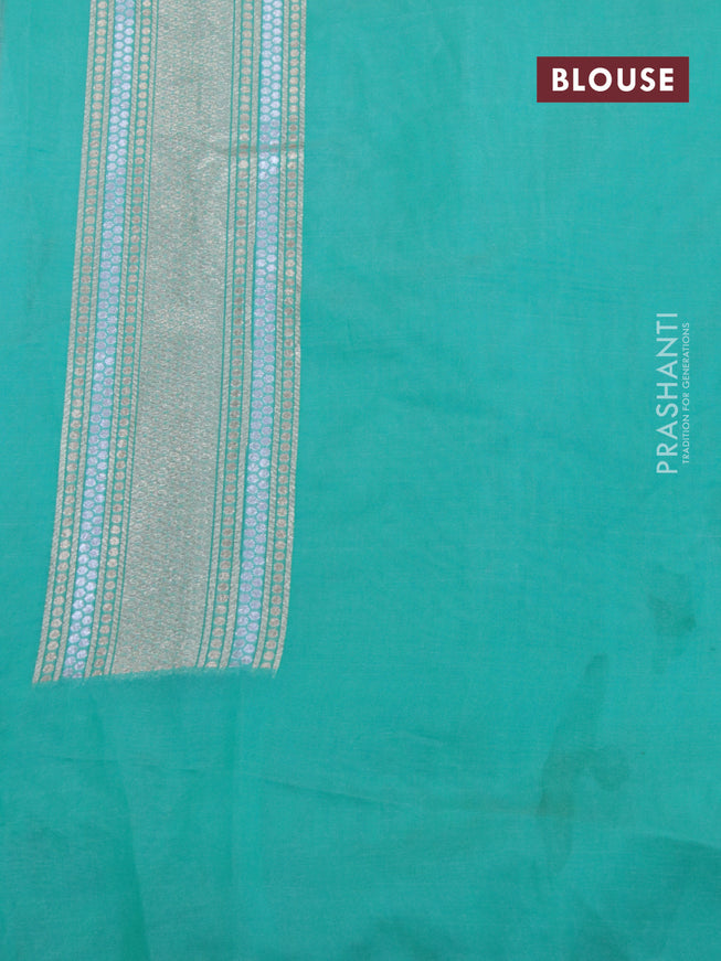 Banarasi cotton saree teal blue with allover silver & gold zari butta weaves and floral embroidery border