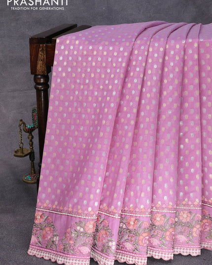 Banarasi cotton saree lavender with allover silver & gold zari butta weaves and floral embroidery butta border