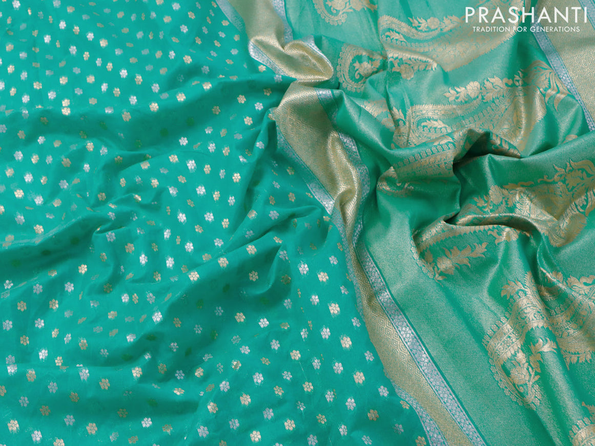Banarasi cotton saree teal blue with allover silver & gold zari butta weaves and floral embroidery butta border