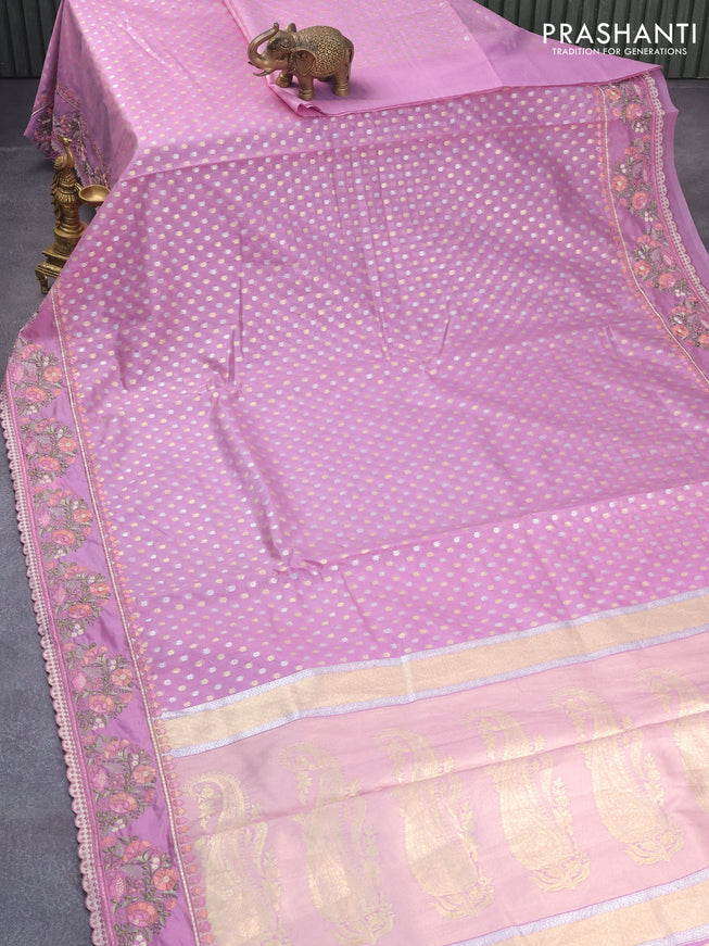 Banarasi cotton saree lavender with allover silver & gold zari butta weaves and floral embroidery butta border
