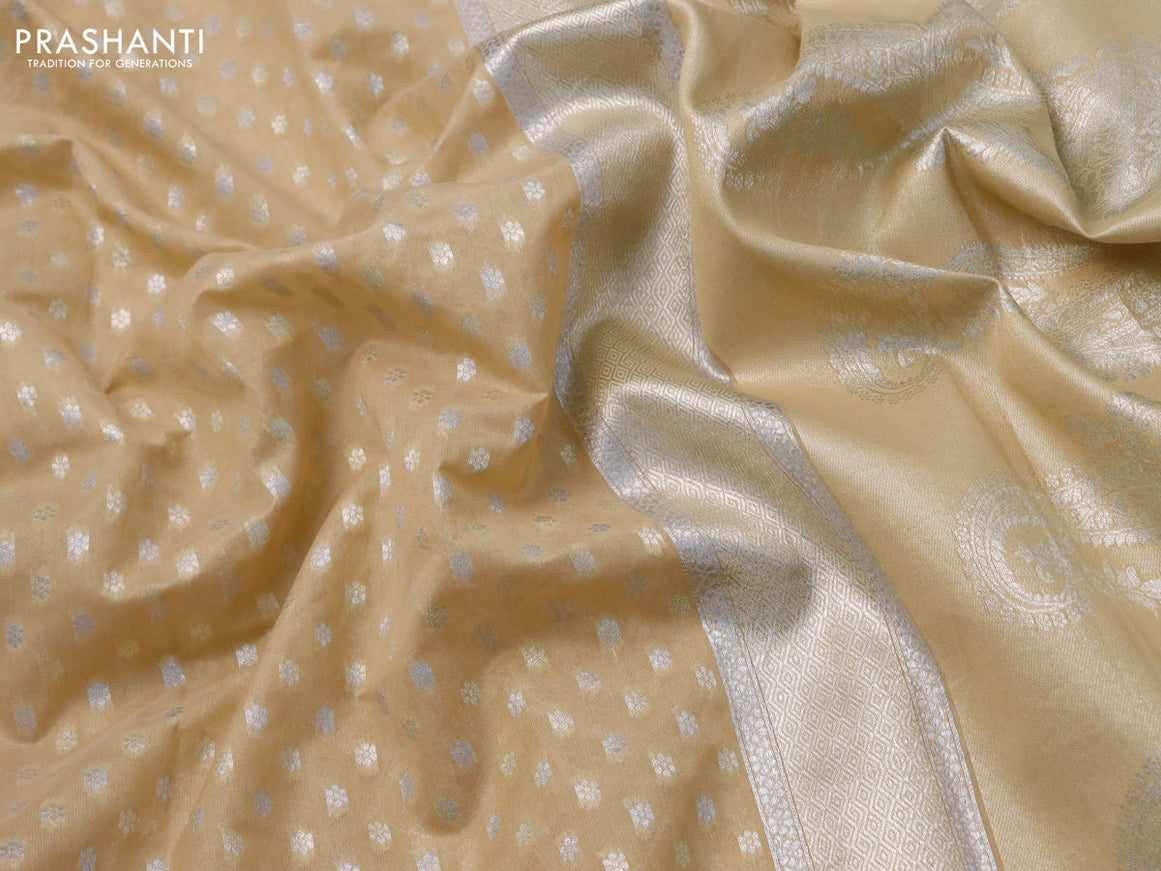 Banarasi cotton saree sandal with allover silver & gold zari butta weaves and floral embroidery butta border