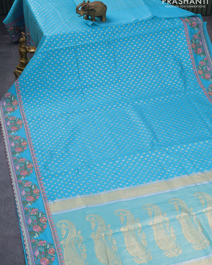Banarasi cotton saree blue with allover silver & gold zari butta weaves and floral embroidery butta border