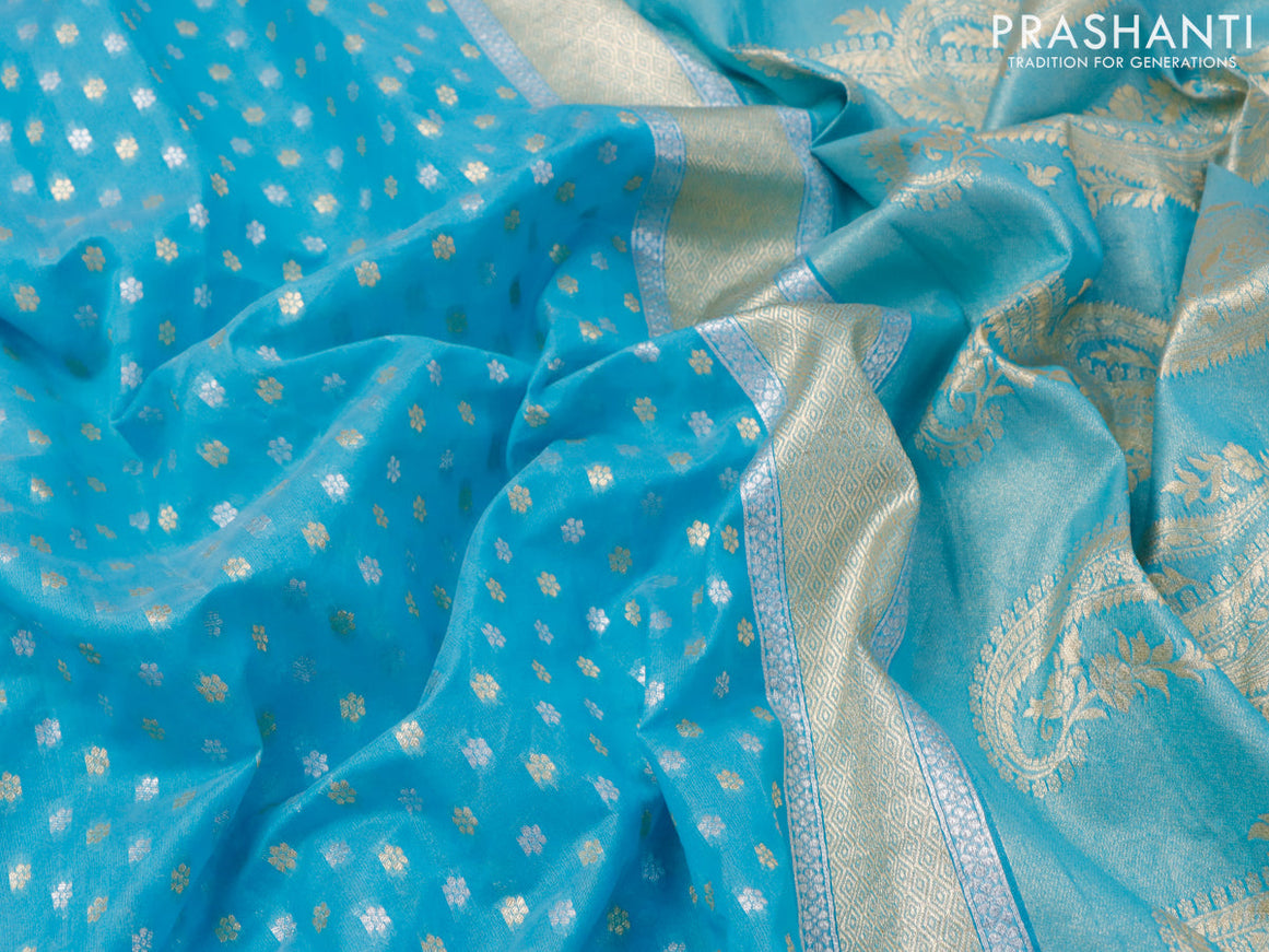Banarasi cotton saree blue with allover silver & gold zari butta weaves and floral embroidery butta border