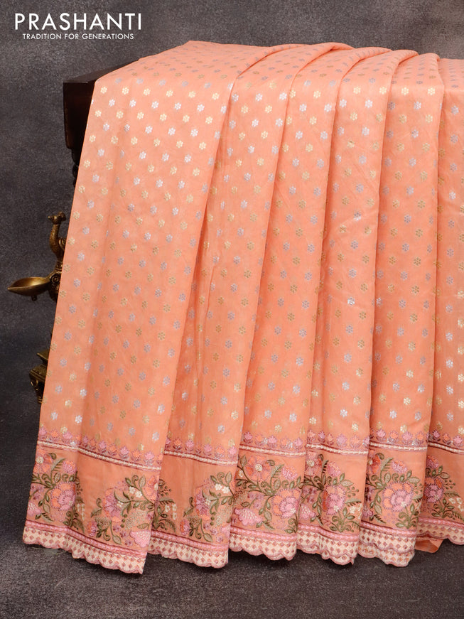 Banarasi cotton saree peach orange with allover silver & gold zari butta weaves and floral embroidery butta border