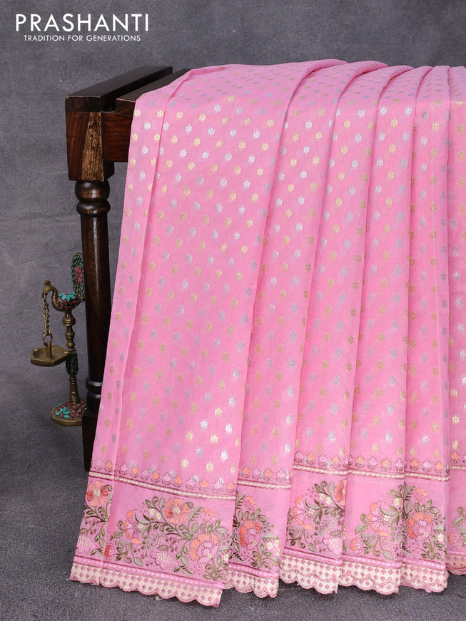 Banarasi cotton saree pink with allover silver & gold zari butta weaves and floral embroidery butta border