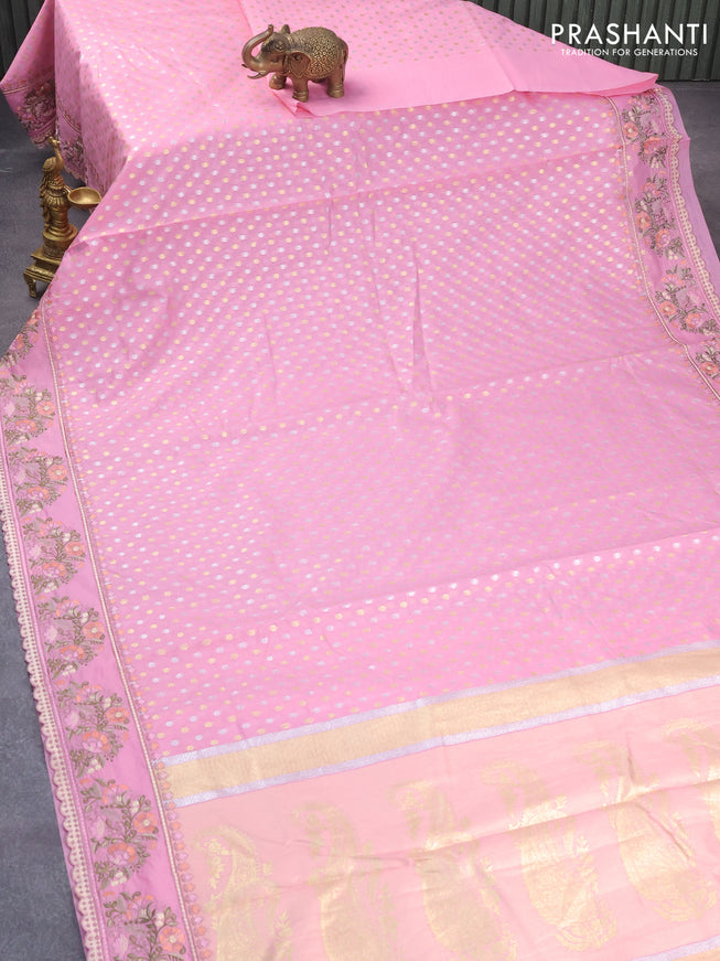 Banarasi cotton saree pink with allover silver & gold zari butta weaves and floral embroidery butta border
