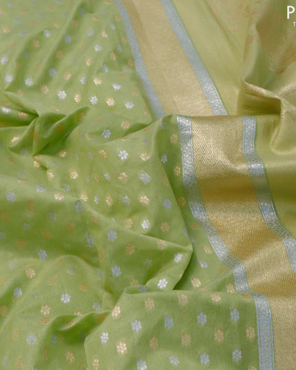Banarasi cotton saree pista green with allover silver & gold zari butta weaves and floral embroidery butta border