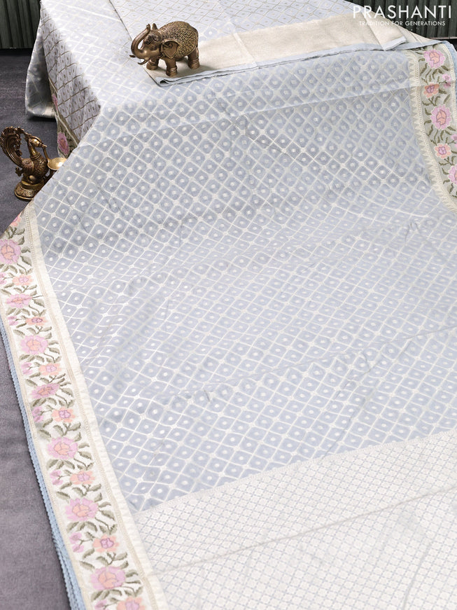 Banarasi cotton saree grey with allover silver zari weaves and zari woven embroidery work border
