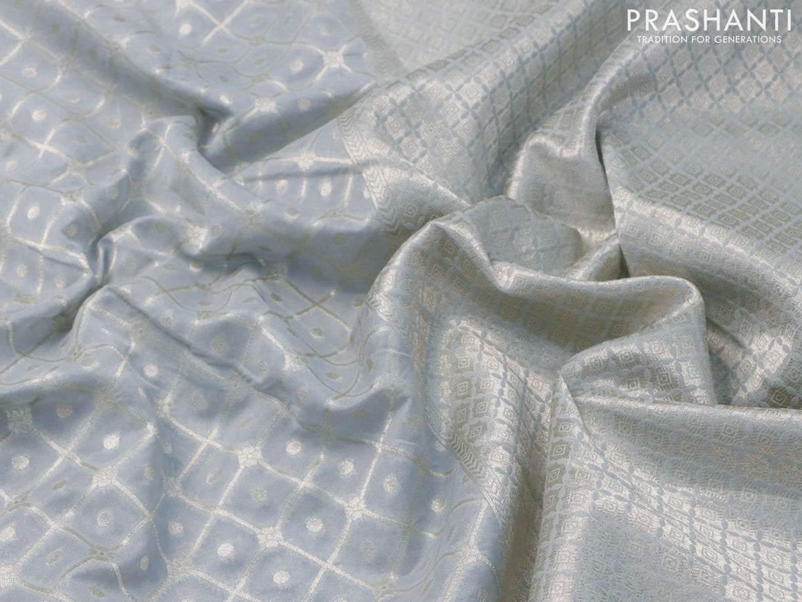 Banarasi cotton saree grey with allover silver zari weaves and zari woven embroidery work border