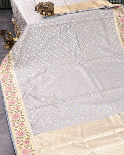 Banarasi cotton saree grey with allover zari weaves and zari woven embroidery work border
