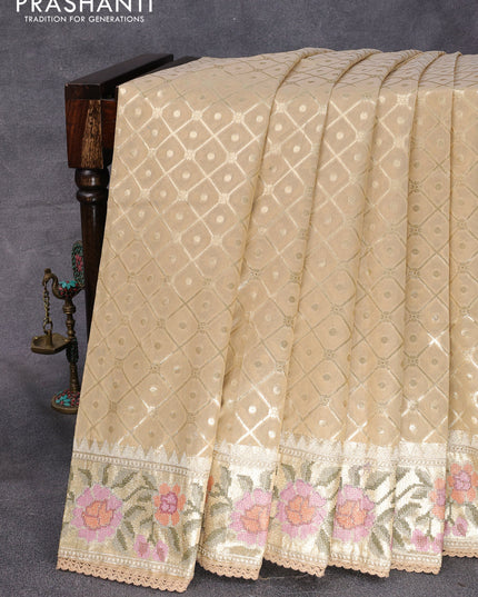 Banarasi cotton saree sandal with allover zari weaves and zari woven embroidery work border