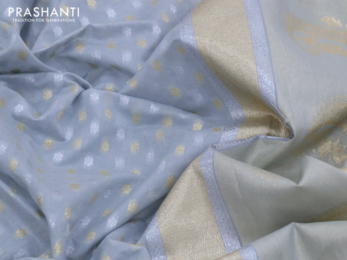 Banarasi cotton saree grey with allover silver & gold zari woven butta weaves and floral embroidery border