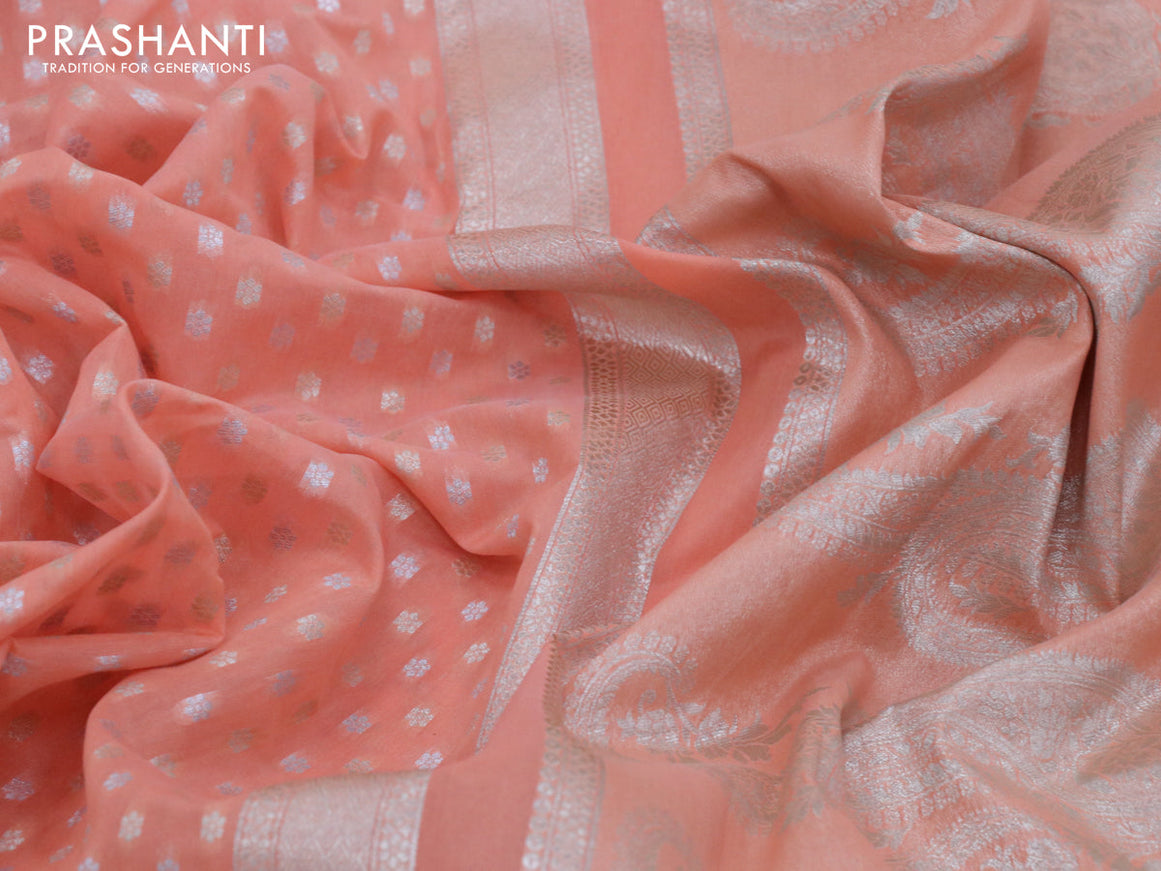 Banarasi cotton saree peach orange with allover silver & gold zari woven butta weaves and floral embroidery border