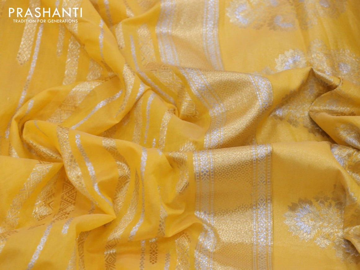 Banarasi cotton saree mango yellow with allover silver & gold zari woven butta weaves and floral embroidery border